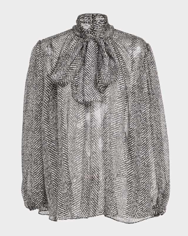 Chevron Chiffon Neck-Tie Blouse